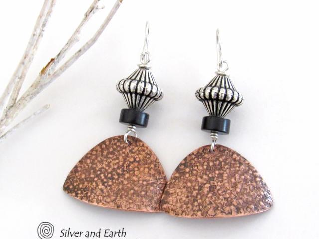 Textured Copper Earrings with Silver Beads & Black Agate Stones - Modern Mixed Metal Jewelry