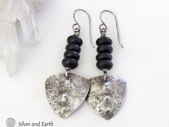 Modern Rustic Sterling Silver Tribal Shield Earrings with Matte Black Agate Stones