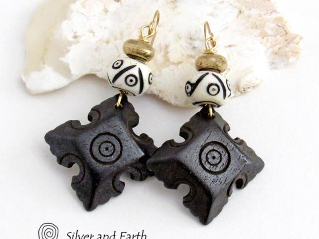 Brown Wood Earrings with African Carved Bone Beads - Ethnic Boho Tribal Style Jewelry