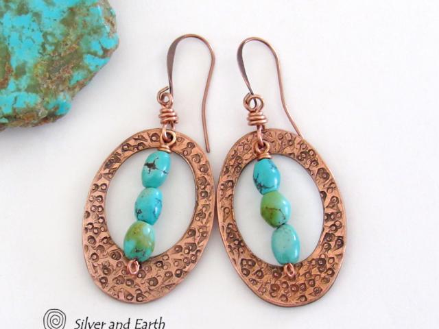 Turquoise & Copper Oval Hoop Dangle Earrings - Modern Trendy Boho Jewelry