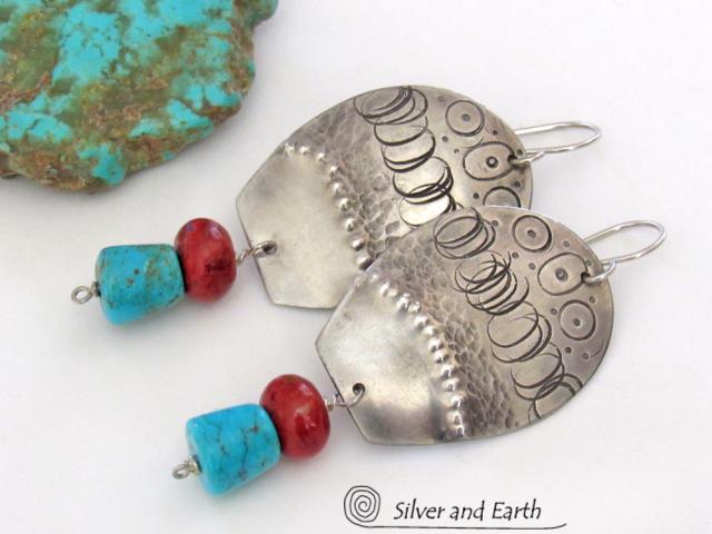 Sterling Silver Earrings with Sleeping Beauty Turquoise & Red Coral - Southwestern Tribal Jewelry