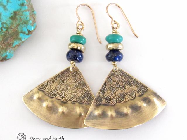 Gold Brass Earrings with Lapis Lazuli & Turquoise - Egyptian Inspired Jewelry