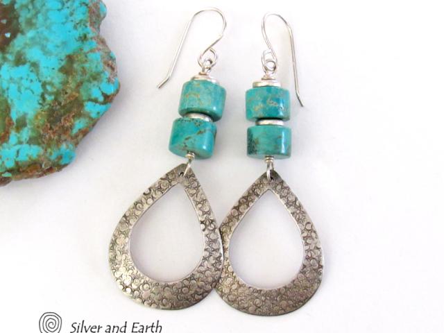 Turquoise & Sterling Silver Hoop Earrings - Chic Modern Sundance Style Jewelry