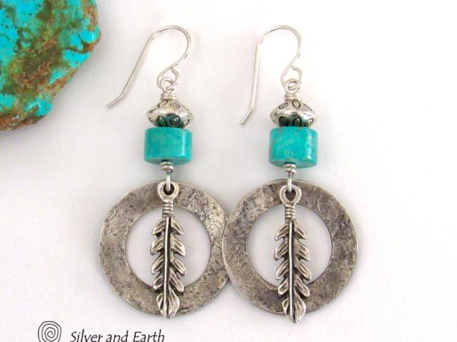 Sterling Silver Hoop Earrings with Turquoise and Feathers - Modern Southwestern Style Jewelry