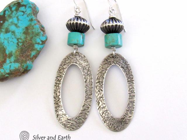 Sterling Silver Hoop Earrings with Turquoise - Modern Southwest Silver & Turquoise Jewelry