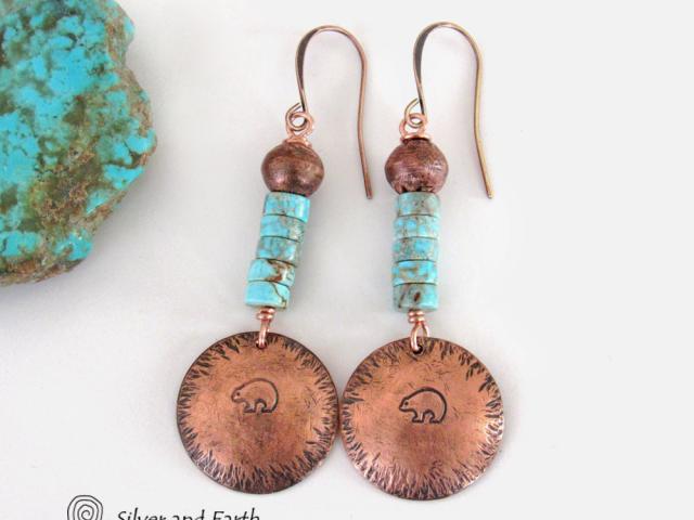 Hand Stamped Zuni Bear Copper & Turquoise Earrings - Southwestern Style Jewelry