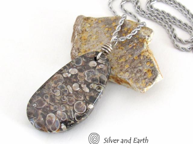 Turritella Fossil Stone Pendant Necklace - One of Kind Earthy Natural Fossil Jewelry