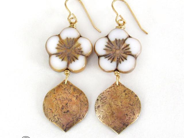 White and Gold Glass Flower Earrings with Gold Brass Dangles - Unique Nature Jewelry Gifts for Women