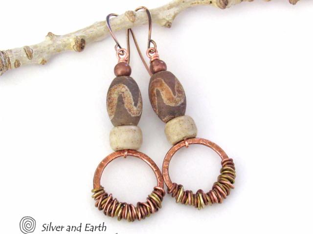 Wire Wrapped Copper Hoop Dangle Earrings with Etched Tibetan Agate Stones